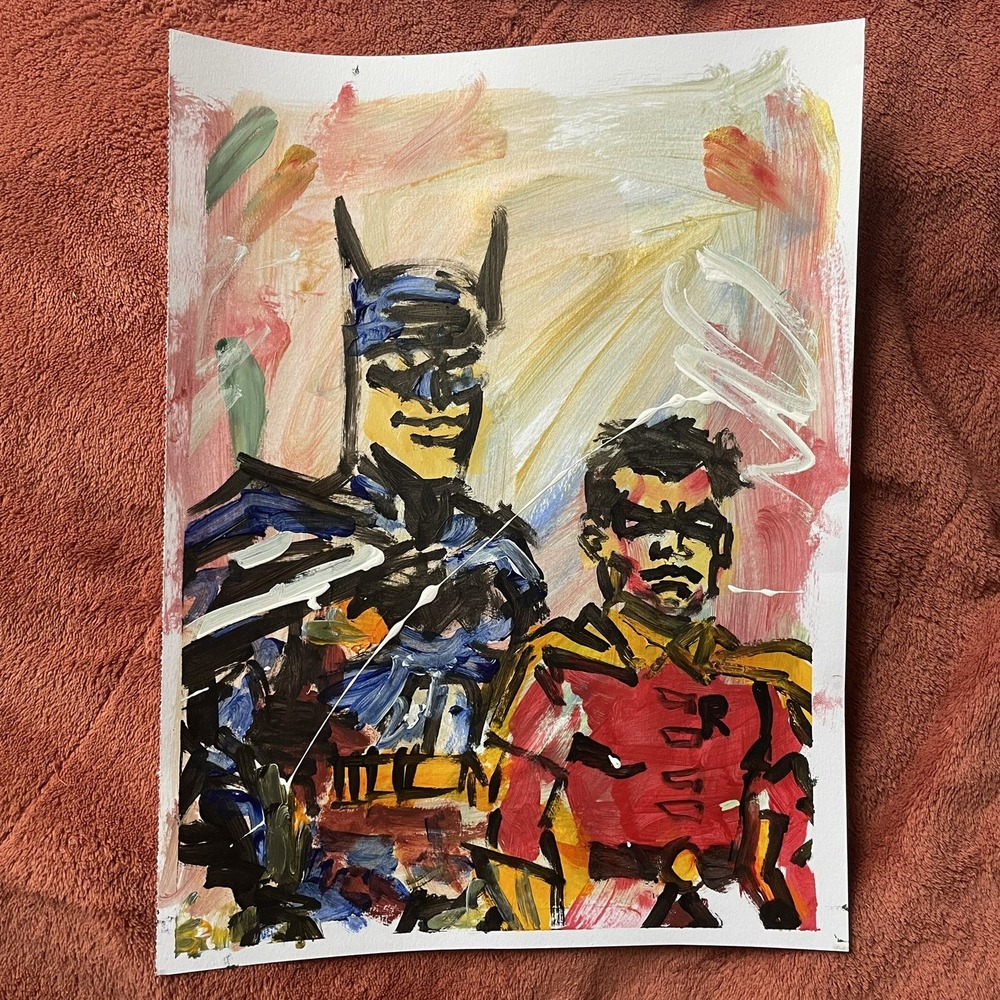 Batman and Robin Original Painting 9x12 Abstract Comic Superhero Pop Art